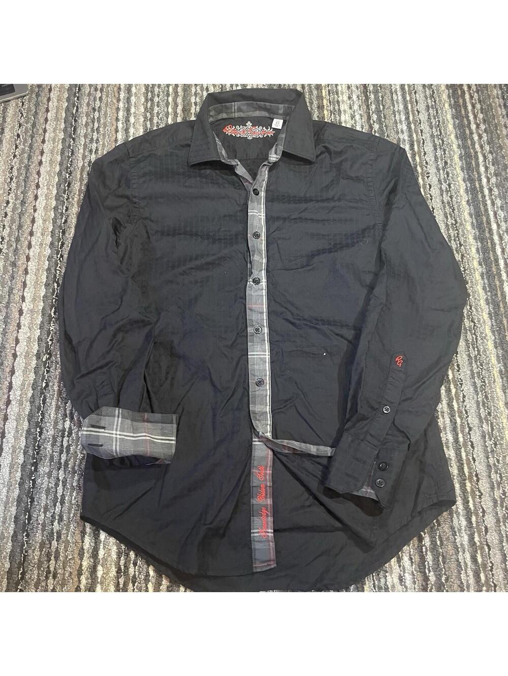 Robert Graham Mens Dress Shirt Sz XS Classic Fit Black Pinstripe Check Flip Cuff